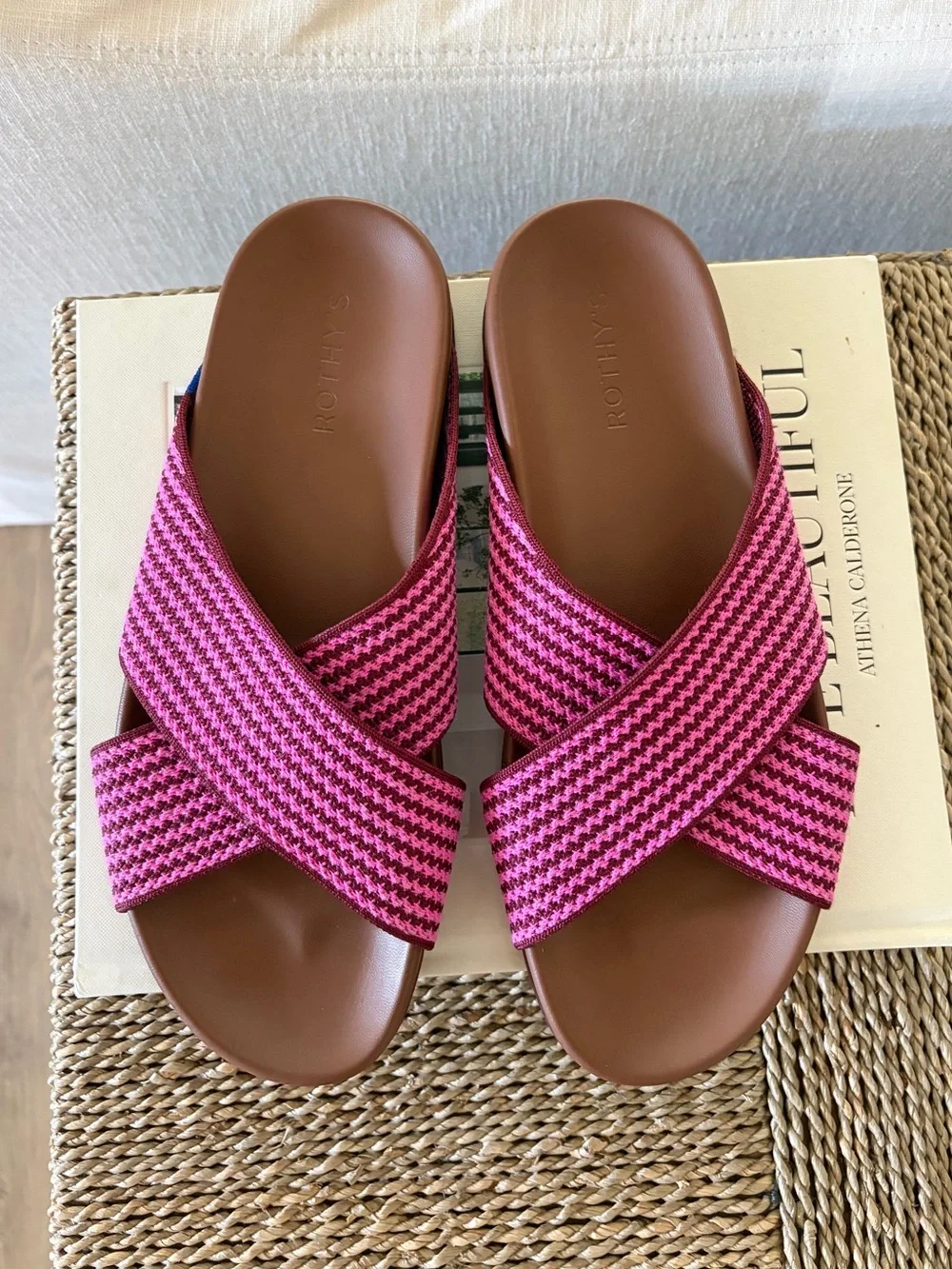 Rothy's The Weekend Slide Hemp Blend Sangria Stripe, Size 10